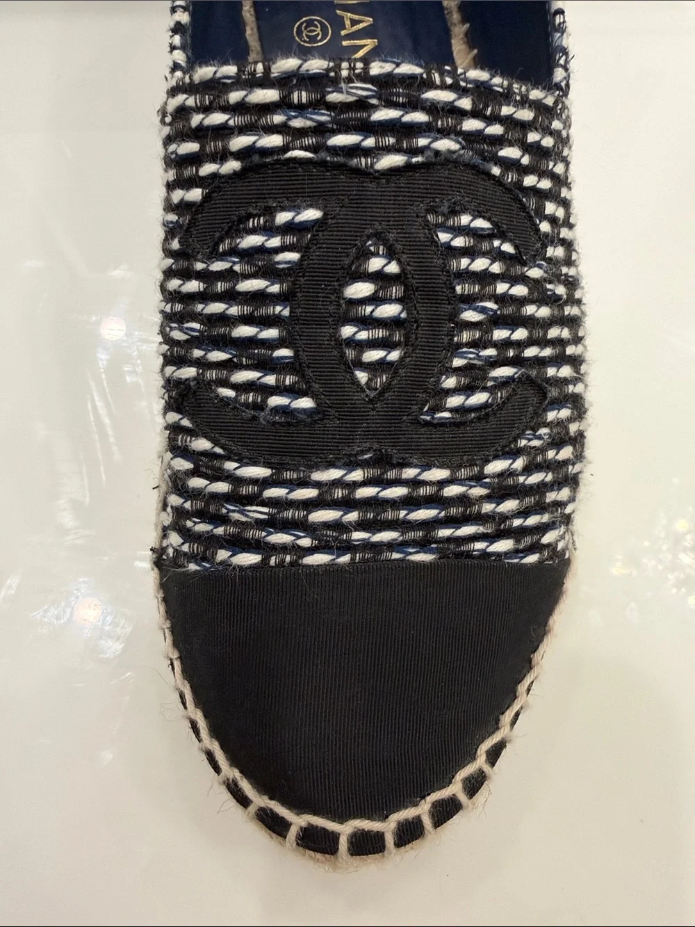 CHANEL Black & White Tweed Espadrille Slip-Ons